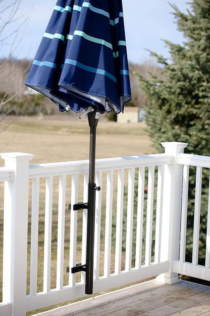 Patio Umbrella Holder – Easy Installation - Space Saving Umbrella Holder Design - Outdoor Umbrella Base and Mount - Attaches to Railing Maximizing Outdoor Patio Space and Shade, Black