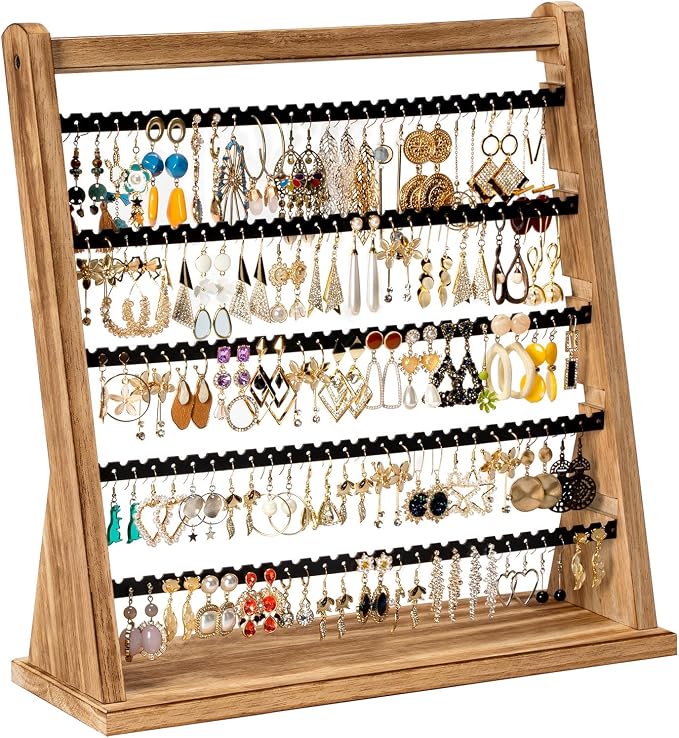 Poyilooo Earring Holder Organizer, Rustic Wood Earring Holder Stand, 5 Layer Jewelry Holder Organizer with 270 Earring Tree Holes Display Rack for Stud Earings & Hoop Earrings, Gifts for Women
