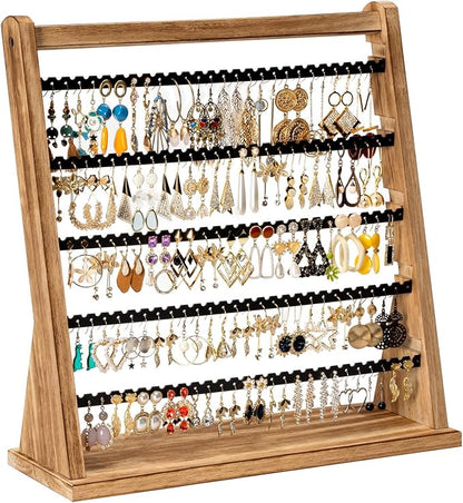 Poyilooo Earring Holder Organizer, Rustic Wood Earring Holder Stand, 5 Layer Jewelry Holder Organizer with 270 Earring Tree Holes Display Rack for Stud Earings & Hoop Earrings, Gifts for Women