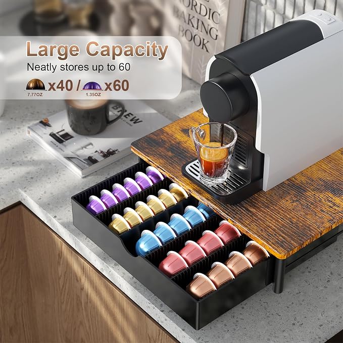 gianotter Wood Vertuo Pod Holder Drawer, Compatible with Nespresso Vertuo Capsules, Compatible with 40 Large or 60 Small Nespresso Capsule Organizer