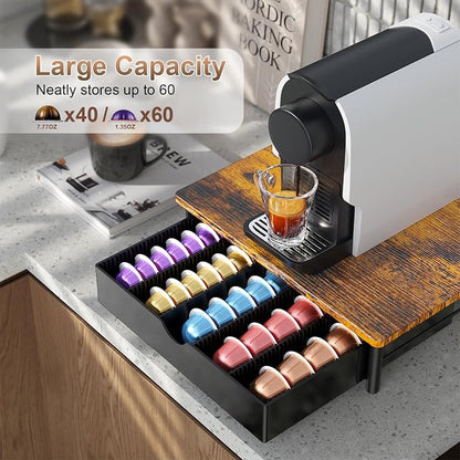 gianotter Wood Vertuo Pod Holder Drawer, Compatible with Nespresso Vertuo Capsules, Compatible with 40 Large or 60 Small Nespresso Capsule Organizer