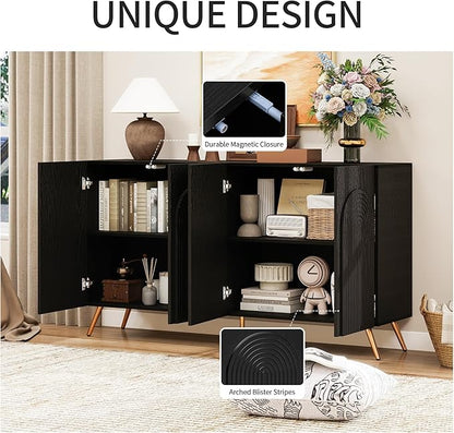 59" Accent Cabinet with 4 Door, Modern Decorative Storage Cabinet with 3D Carved Doors, Sideboard Buffet Cabinets with Adjustable Shelves, Credenza for Living Room,Entryway,Dining Room, Black