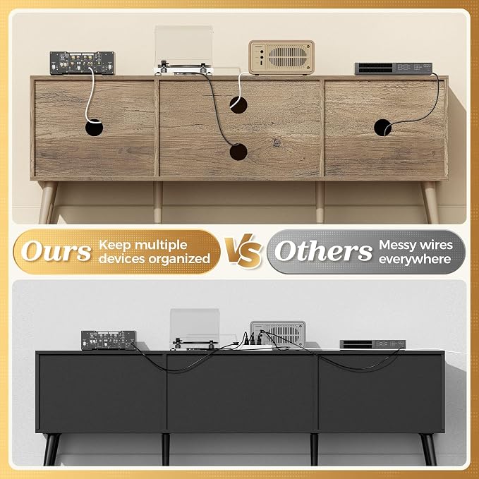 SUPERJARE TV Stand for 55 Inch TV, Entertainment Center with Adjustable Shelf, 2 Cabinets, TV Console Table, Media Console, Solid Wood Feet, Cord Holes, for Living Room, Bedroom, Gray and White