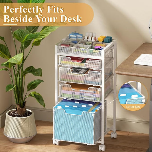 Rolling File Cart with 4 Storage Drawers, Under Desk Filing Cabinet with DIY Divider, Hanging File Folder Organizer on Wheels, Fits A4/Letter Size, Metal Utility Cart for Home Office, White