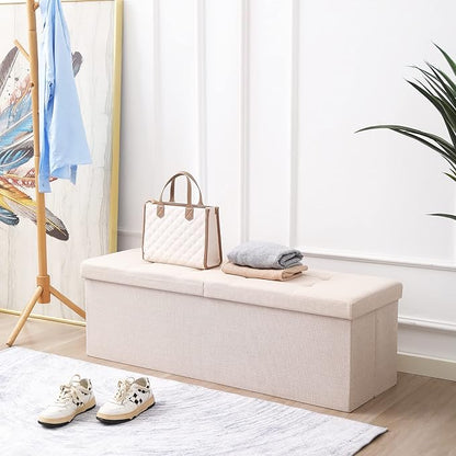 CUYOCA Shoe Storage Ottoman Foldable Seat Footrest Tufted Bench End of Bed Storage with Flipping Lid, 166L Storage Upholstered , Linen Fabric Beige, 45.3 Inches