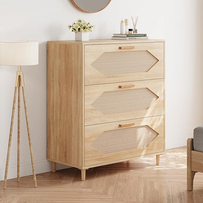 GAOMON 3 Drawer Dresser for Bedroom, 31.5 Inch Wide Rattan Modern Closet Dressers Chest of Drawers, Wood Oak Storage Chest for Kids Bedroom, Hallway, Living Room, Hallway, Natural