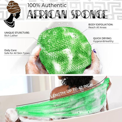 African Net Sponge Authentic - 2 Pieces Exfoliating Body Scrubber Bath Sponge Camellia&Green- Back Scrubber Washcloth for Shower - Real African Scrub Exfoliator Body Care Bathing Accessorie