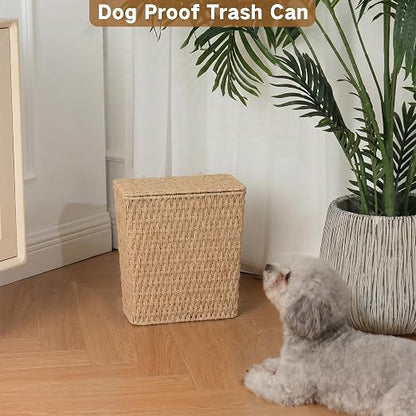 iEGrow Paper Rope Trash Can,Bathroom Trash Can with Lid, 3 Gallon Wicker Waste Basket with Removable Liner, for Bedroom, Living Room, Toilet, Under Sink Natural