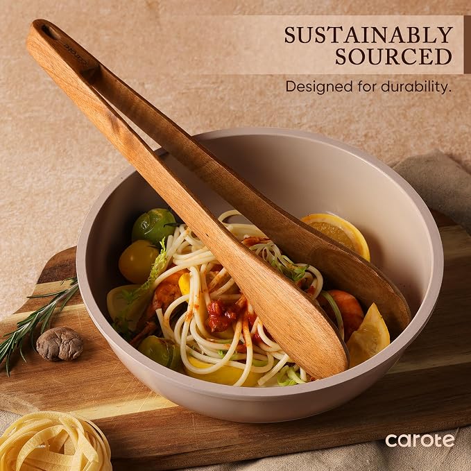 CAROTE Wooden Kitchen Utensils Set, Acacia Wood 8pcs Cooking Utensil Set for Nonstick Cookware, Long-lasting Wooden Spoons for Cooking, Spatula, Turner