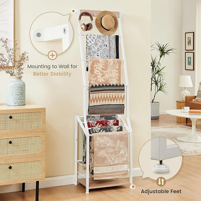 Pinzoveco Blanket Ladder, 7 Tier Blanket Ladders for The Living Room,Wooden Ladder Shelf with Hooks, 5.5ft Blanket Holder Rack Farmhouse Ladder Rack for Storage and Home Decor (White)