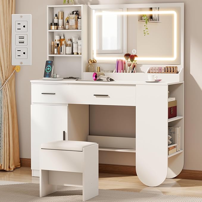 GOODONE 47'' Wood Vanity Desk with Mirror and Lights, Makeup Girls Vanity Set with 2 Drawers, 2 Storage Shelves & 1 Cabinet, Power Outlet, Stool, Dressing Table for Bedroom, White