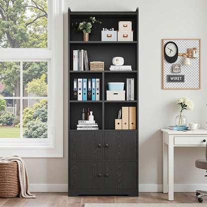 IRONCK Bookshelves and Bookcases with 4 Doors, 6-Tier Bookshelf with Storage Shelves 74.6 in Tall Bookcase for Home Office, Living Room, Bedroom, Black