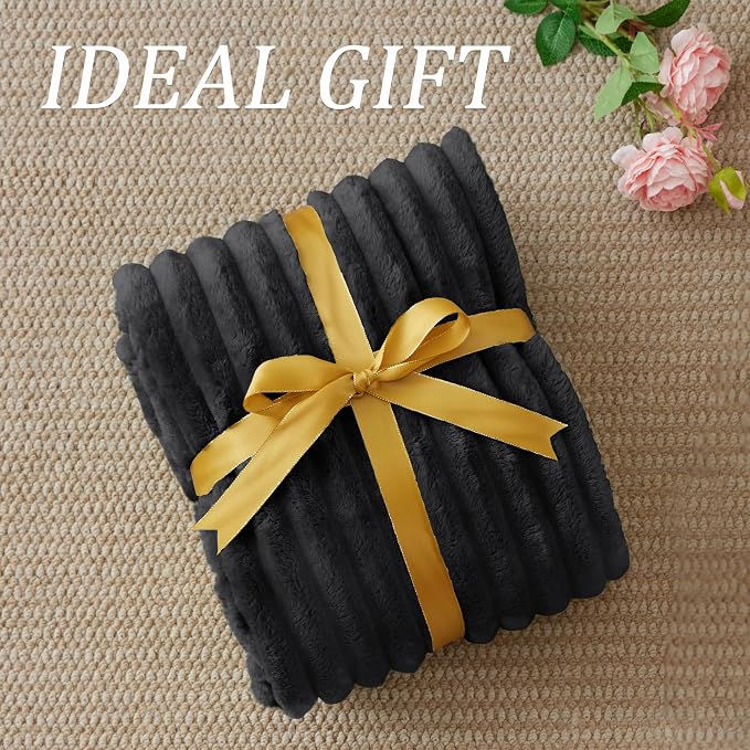 BEDELITE Fleece Black Throw Blanket for Couch - 300GSM Soft & Warm Fluffy Black Blanket, Decorative and Giftable Striped Blankets for Women, Men, 50"x60"