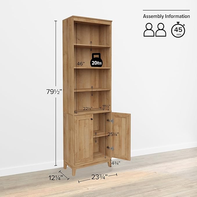 Prepac Yaletown Bookcase with Doors, Oak Storage Cabinet with Doors and Shelves, Accent Cabinet 23.75" W x 79.50" H x 12.25" D, OSBR-2310-1