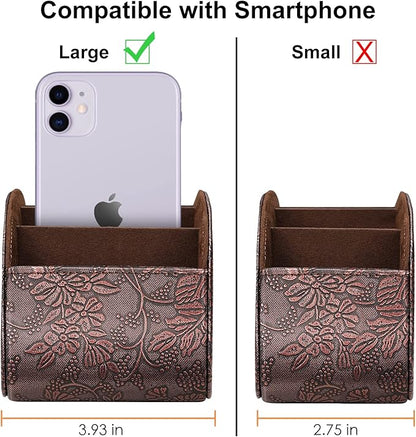 SITHON Remote Control Holder with 5 Compartments – [Upgrade Version] PU Leather Remote Caddy Desktop Organizer Store TV, DVD, Blu-Ray, Media Player, Smart Phones, Heater Controllers, Antique, Large