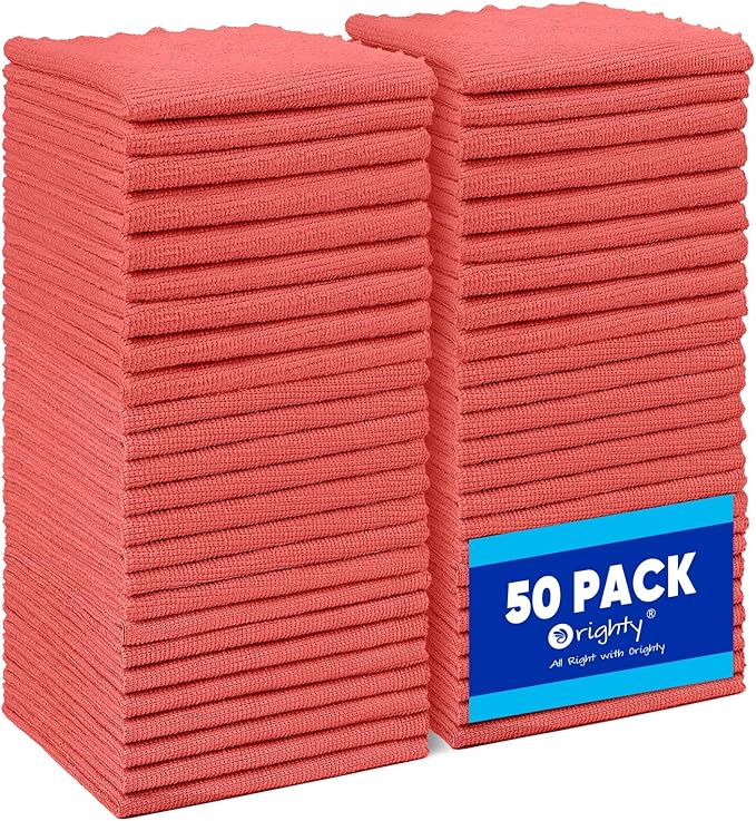 Orighty Microfiber Cleaning Cloth Bulk, Shop Towels Shop Rags 50 Pack, Reusable Microfiber Cleaning Rags for Cars, Multi-Purpose Lint Free Towels for Home & Kitchen, 12x12 Inch, Red