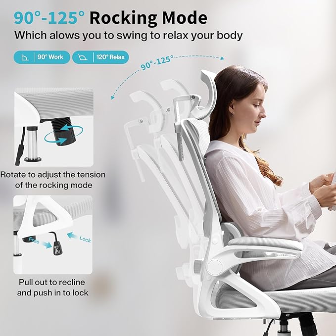Ergonomic Office Chair,Mesh Office Chair with Lumbar Support,High Back Desk Chair with Flip-up Arms,400 lbs Big and Tall Computer Chair with Headrest,Comfy Desk Chairs (Light Grey)