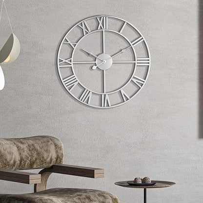 LEIKE 16" Modern Large Wall Clocks,Vintage, Round,Silent Non Ticking,Battery Operated,Silver Metal Roman Numerals Clock for Living Room/Bedroom/Kitchen Decor