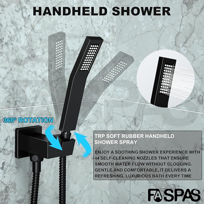 Matte Black Shower System with 10-Inch Rain Showerhead and Tub Spout | cUPC-certified pressure balance brass valve to prevent scalding, CEC-certified air injection technology for low pressure