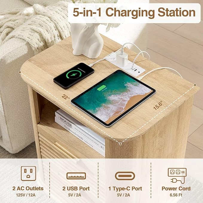 22" Fluted Night Stand with Charging Station,Modern End Table with 2 Drawers & Open Storage,Stylish Bedside Table for Living Room,Bedroom,Side Tables Curved Profile Design