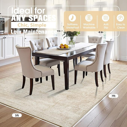 5x7 Area Rugs for Living Room Rug Washable: Abstract Rug for Dining Room Bedroom Carpet Non Slip 5 by 7 Indoor Modern Nursery Home Office Beige