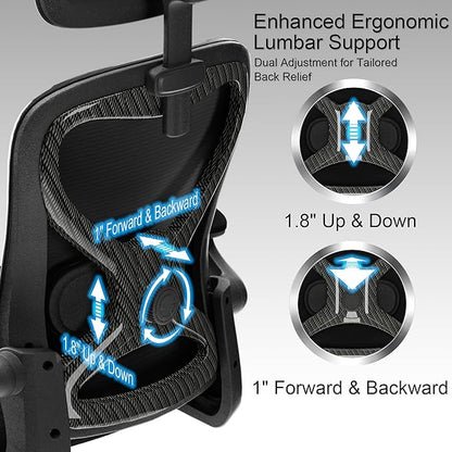 Office Chair for Back & Neck Pain Relief, Virgin Foam Seat, 2D Adjustable Lumbar & 3D Headrest, Flip-Up Armrests, Tilt & Rock for Relaxation (English, Black/Carbon Fiber)