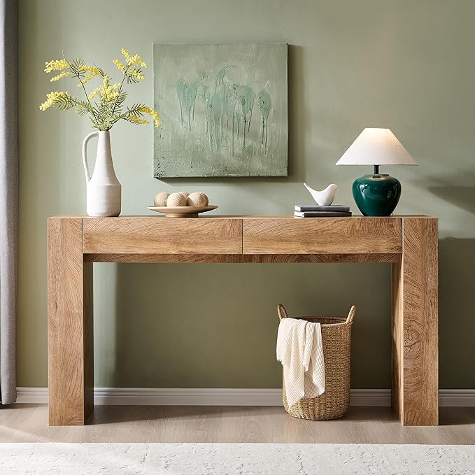 OKD Modern Entryway Console Table, Sofa Table with Drawers, 63" Long Hall Table Behind Couch, Thick Wood Design for Living Room, Hallway - Light Knotty Oak