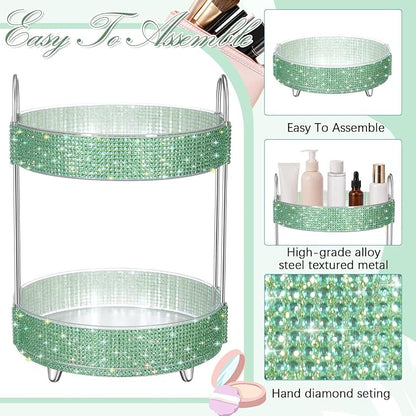 Honeydak 360 Rotating Perfume Organizer Gift for Women, Rhinestone Preppy Skincare Organizer Bathroom Counter Makeup Holder Skincare and Perfume Storage for Cosmetic(2 Tiers,Resin Diamond,Green)