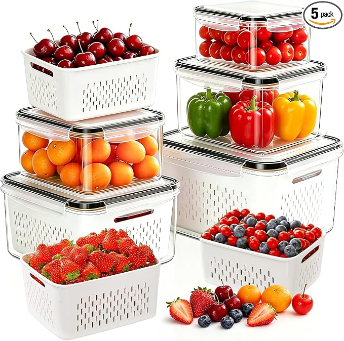 5 Pack Large Fruit Storage Containers for Fridge, Leakproof Produce Containers with Removable Colanders, Dishwasher Safe Fridge Organizers and Storage, Keep Berry, Vegetables Fresh Longer