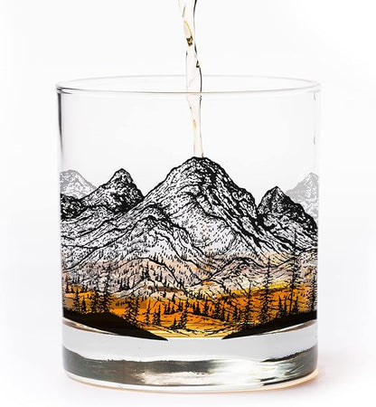 Black Lantern Mountain Panoramic Whiskey Glass Set Set of 2 11oz Heavy Base Old Fashioned Tumblers | Cocktail Glasses with Gift Box