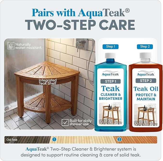 AquaTeak The Original 15.5" Kai Corner Teak Shower Bench - Shower Stool with Storage Shelf for Bathroom - Durable Water Resistant Shower Chair with Teak Oil & Cleaner CareKit - Shaving Foot Rest