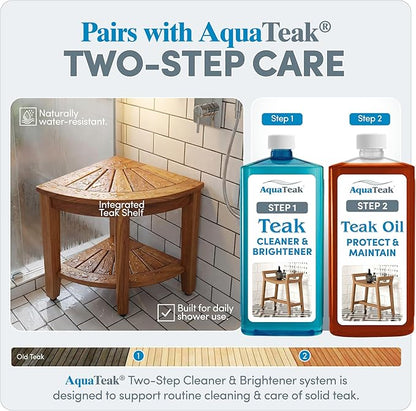 AquaTeak The Original 15.5" Kai Corner Teak Shower Bench - Shower Stool with Storage Shelf for Bathroom - Durable Water Resistant Shower Chair with Teak Oil & Cleaner CareKit - Shaving Foot Rest