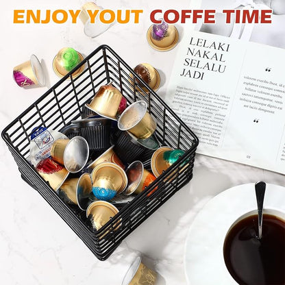 Zubebe 4 Pcs Coffee Pod Holder Large Capacity Coffee Pod Basket Wire Organizer Capsule Cages Metal Storage Capsule Basket, 5.3 x 5.3 x 6.3 In (Black)