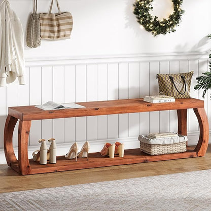 2-Tier Solid Wood Entryway Bench, 59" Long Farmhouse End of Bed Bench with Open Shelves, Rustic Shoe Storage Wooden Seating for Entry, Kitchen, Living Room, Bedroom, Hallway (Rustic Brown)