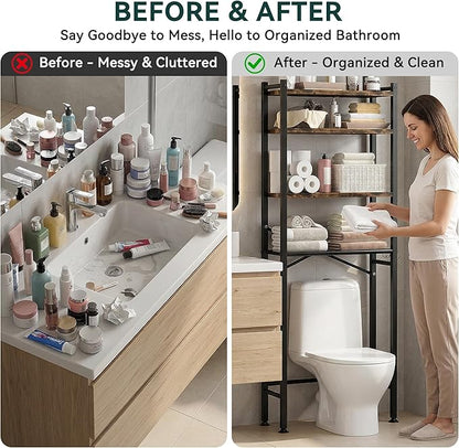 GloTika 4-Tier Over The Toilet Storage with Paper Holder and 4 Hooks - Metal Over Toilet Bathroom Organizer Shelf, Freestanding Bathroom Cabinet for Laundry/Living Room (69.3" H, Black Brown)