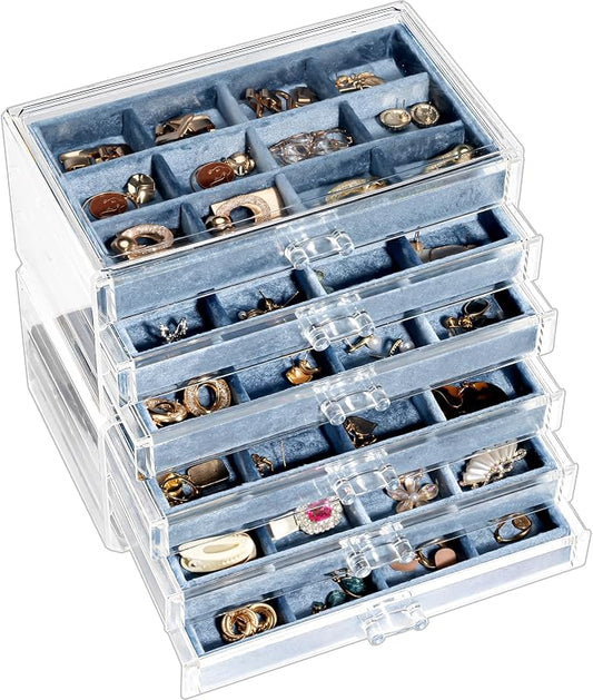 Lolalet Earring Holder Organizer Box Jewelry Storage with 6 Drawers, Clear Acrylic Stackable Earring Case with Adjustable Velvet Trays for Women on Dresser Vanity -Blue, 6 Layers
