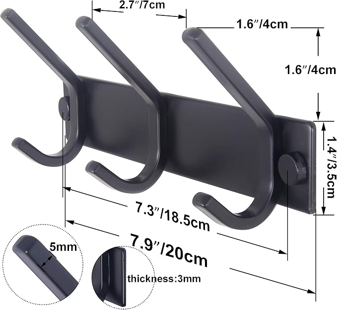 WEBI Coat Rack Wall Mounted,3 Coat Hooks for Hanging Coats,Heavy Duty Metal Hook Rack Hook Rail Coat Hanger Wall Coat Rack with Hooks for Clothes Entryway Jacket,Black