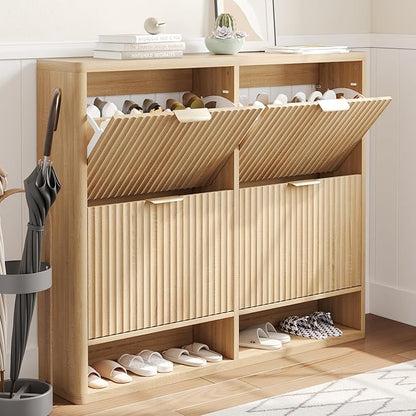 Shoe Storage Cabinet for Entryway with 4 Flip Drawers, 47.2" Large Modern Freestanding Shoe Organizer with Fluted Doors & Hidden Shoe Rack - Slim Enclosed Shoe Rack for Hallway (Oak)