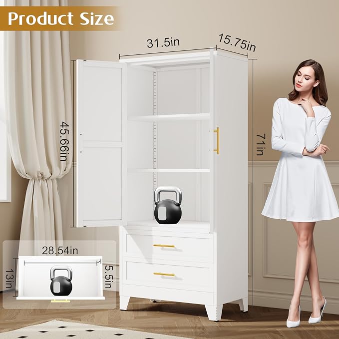 GAIOUS Steel Pantry Cabinet, 71" Metal Storage Cabinets | with 2 Doors, 2 Adjustable Shelf and 2 Drawers, Freestanding Storage Cabinet for Bedroom, Kitchen, Home Office (White)