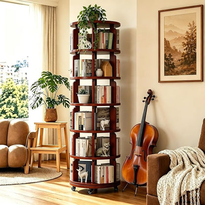 6 Tier 360° Rotating Solid Wood Bookshelf with Wheels, Lazy Susan Circular Spinning Revolving Corner Bookcase, Freestanding Storage Shelf for Bedroom Small Space, Walnut