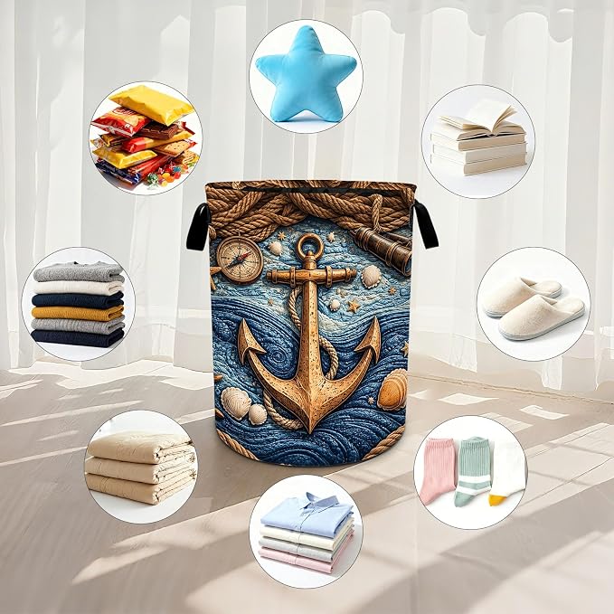 Nautical Laundry Basket Waterproof Laundry Hamper Foldable Laundry Bag with Handles for Bedroom, Bathroom, Office, Clothes Storage