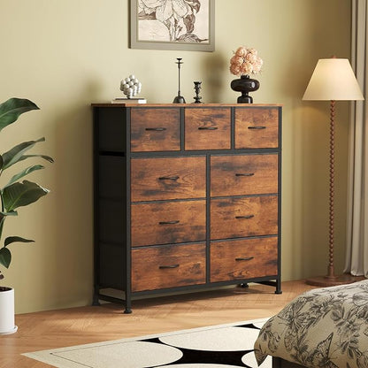 OLIXIS Dresser for Bedroom, 9 Storage Drawers, Wide Fabric Closet Chests Organizer Tower Furniture, TV Stand with Wooden Top Metal Frame for Clothes, Living Room, Hallway, Entryway, Rustic Brown