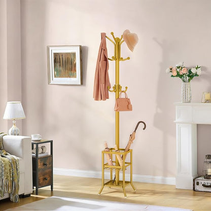FAVOOSTY Coat Rack Freestanding,Coat Rack Stand with Umbrella Holder,Metal Coat Tree with 12 Hooks,Tree Clothes Hat for Entryway, Hallway, Bedroom, Living Room & Office -Glod
