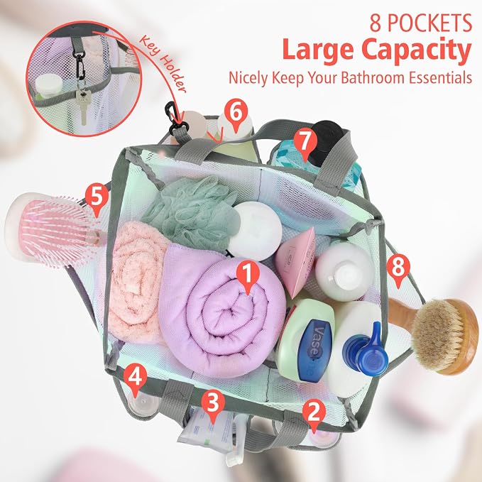 F-color Mesh Shower Caddy Portable, Upgrade Deeper 7 Pockets Shower Bag Basket Tote for College Dorm Room Toiletry Bathroom Essentials Gym Camp Quick Dry 2 handles with S Hook, White