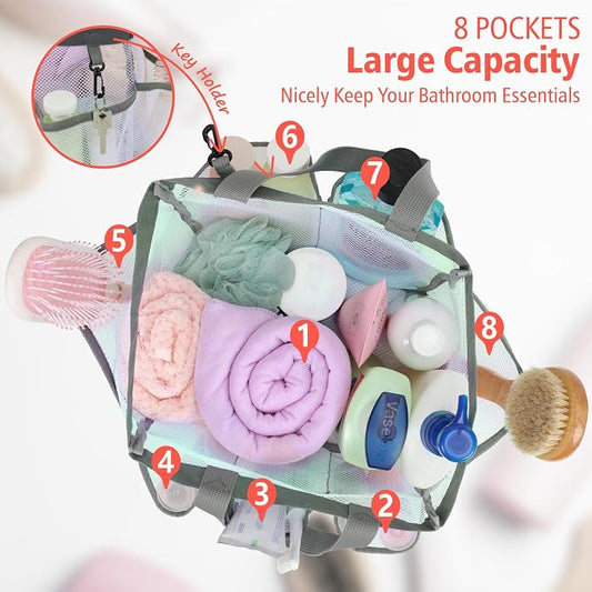 F-color Mesh Shower Caddy Portable, Upgrade Deeper 7 Pockets Shower Bag Basket Tote for College Dorm Room Toiletry Bathroom Essentials Gym Camp Quick Dry 2 handles with S Hook, White