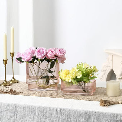 Short Glass Vases, Set of 2 Pink Glass Vases for Tulips, Ribbed Vase for Flowers, Modern Small Vase for Living Room, Dining Room, Bathroom, Desk, Shelf, Wedding, Office