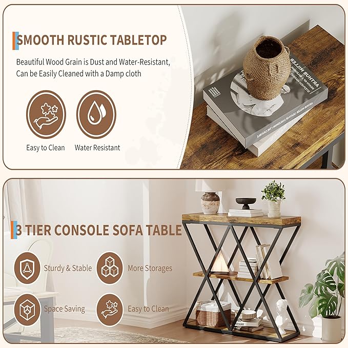 Garvee 3-Tier Entryway Table, Industrial Console Sofa Table with Storage, Accent Table with Open Shelves, X-Shaped Metal Frame, Foyer Table for Entryway, Hallway, Rustic Brown