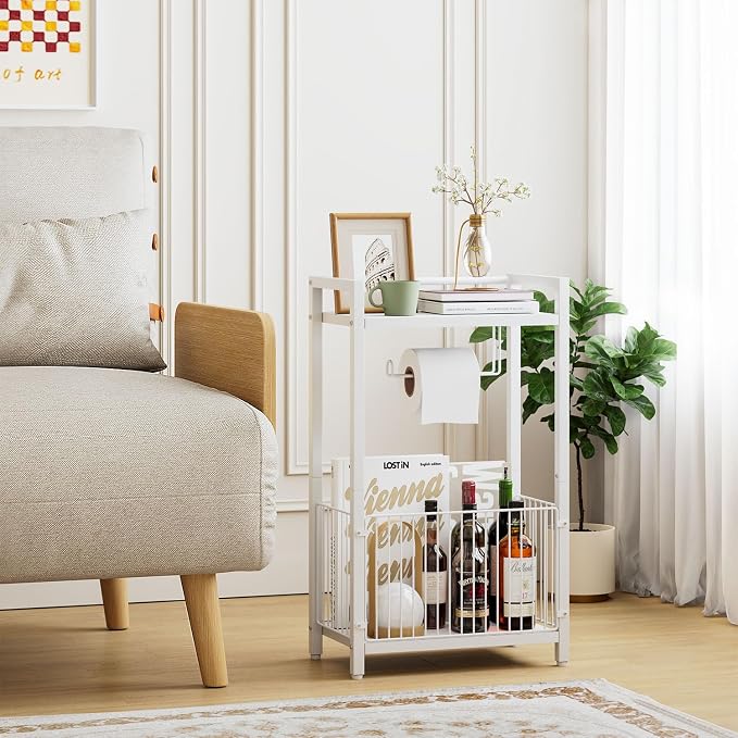 IBUYKE Freestanding Toilet Paper Holder Stand with Storage Shelf,Bathroom Toilet Tissue Roll Dispenser with Extra Space for Rolls, Magazines, Wet Wipes White TLJ020W