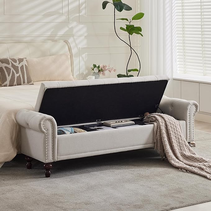 Storage Bench for Bedroom, 67" End of Bed Storage Bench King Size, Upholstered Linen Storage Ottoman with Tufted Cushioned Rolled Arm Large Storage Space for Living Room Entryway, Beige