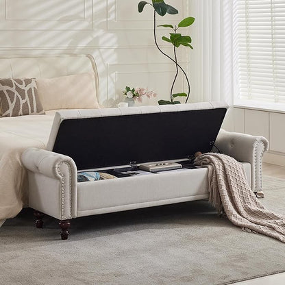 Storage Bench for Bedroom, 67" End of Bed Storage Bench King Size, Upholstered Linen Storage Ottoman with Tufted Cushioned Rolled Arm Large Storage Space for Living Room Entryway, Beige